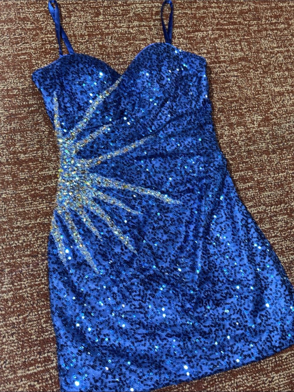 Dave & Johnny sequin mini dress rhinestone side starburst fitted spaghetti strap